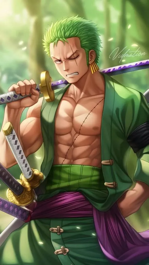 Thẻ nhân vật dạng hồ sơ ghi nhóm siêu tân tinh, ảnh Zoro thu nhỏ đặt cạnh thông tin sức mạnh và kiếm pháp.