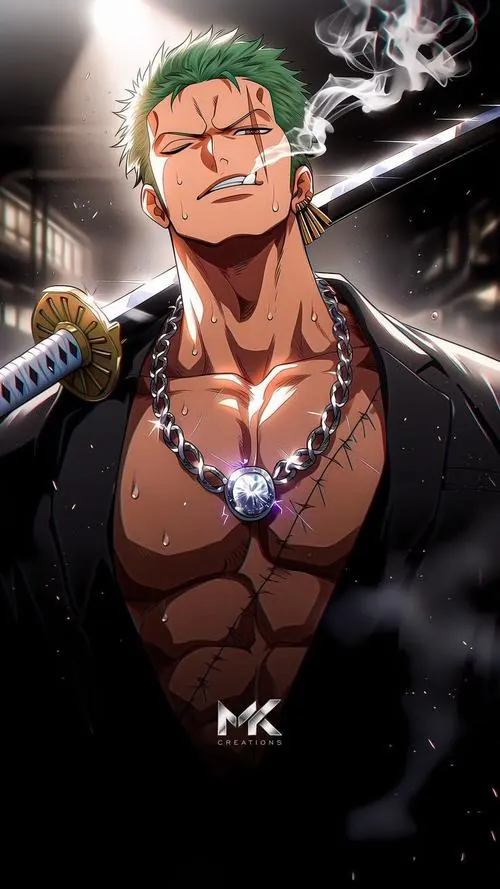 Tranh tường quán cà phê anime vẽ nhát chém đại phi điểu, đường mực xanh kéo dài qua nền xi măng xám.