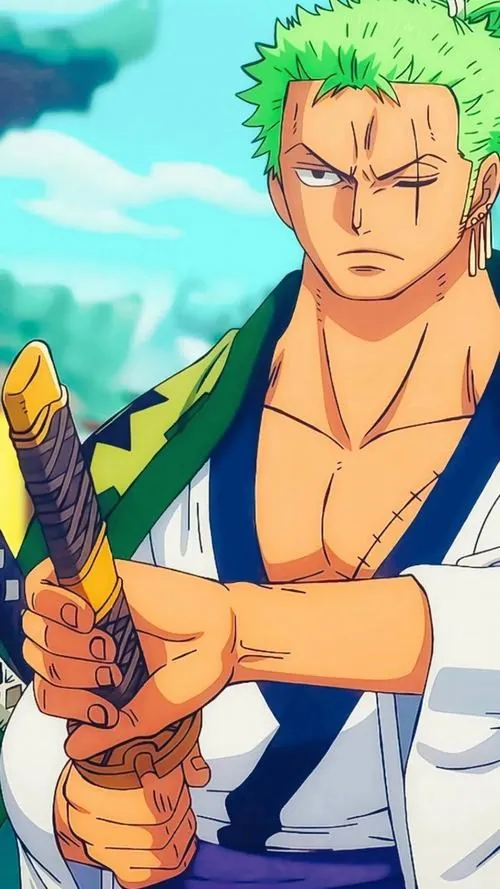Bản in gỗ phong cách Wano Quốc đặt Zoro như võ sĩ cổ, họa tiết sóng và mây phủ quanh khung tranh vuông.