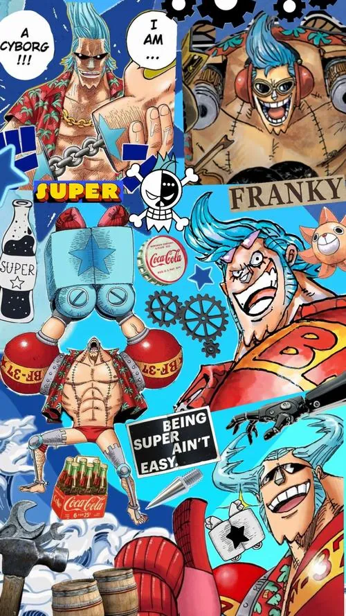 Franky tạo dáng hài hước giữa nền biểu tượng đầu lâu, hai tay dang rộng và trang phục xanh đỏ khiến hình ảnh thêm sặc sỡ.