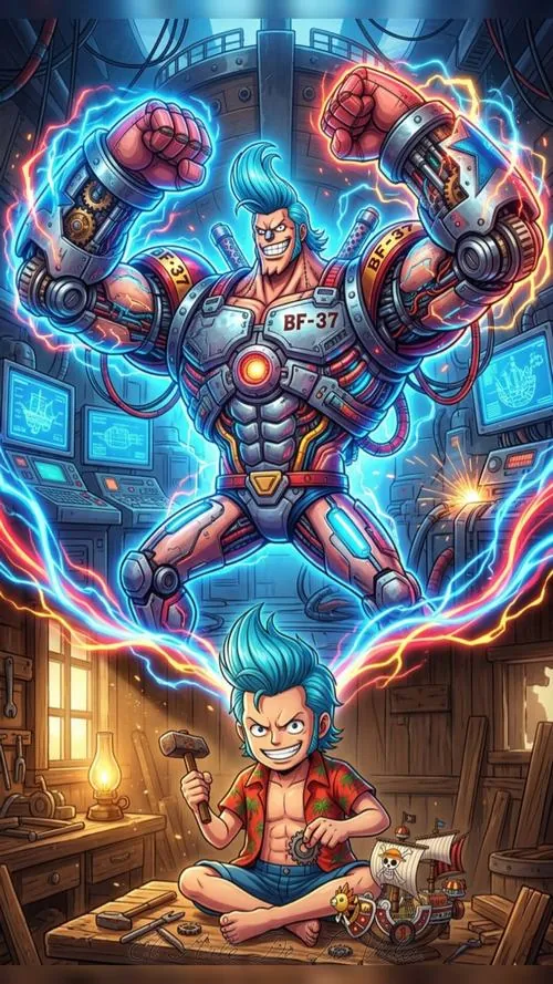 Franky cúi người giữa luồng sét xanh, cánh tay thép siết chặt và gương mặt nghiêm nghị làm cảnh chiến đấu thêm căng thẳng.