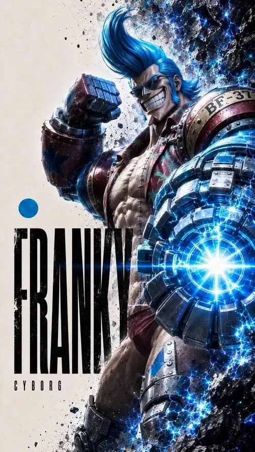 Franky mặc áo Hawaii cam, đeo dây chuyền lớn và cười rộng giữa nền họa tiết truyện tranh đầy màu sắc, đúng chất phóng khoáng.