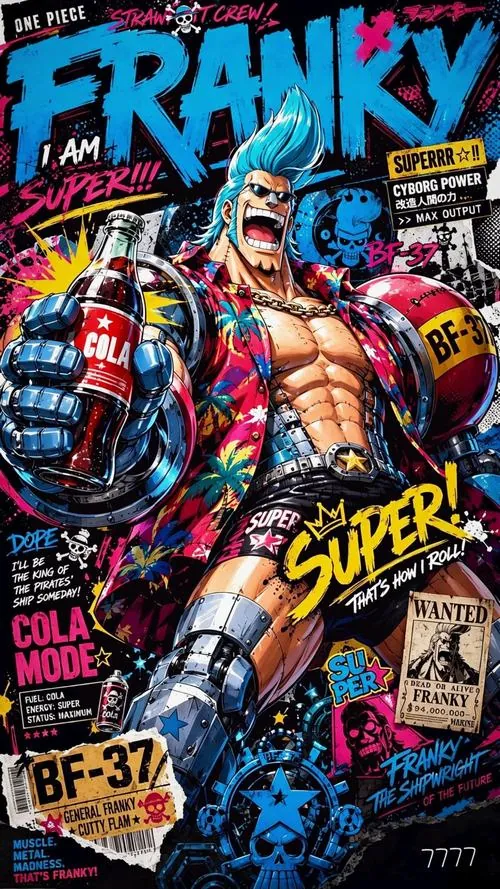 Franky đứng hiên ngang trong áo Hawaii đỏ đen, hai vai BF37 đồ sộ hòa cùng nền chữ vàng tạo không khí nghịch ngợm, náo nhiệt.