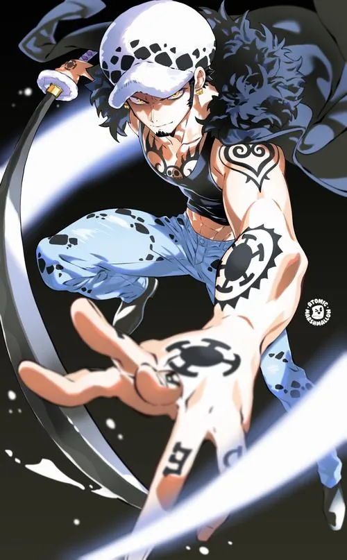 Tranh cuộn Wano Quốc ghi tên Trafalgar Law bằng thư pháp, họa tiết sóng và mây được đặt gọn ở hai mép.