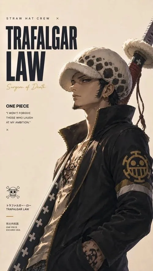 Ảnh ghép kiểu tạp chí về Law và Monkey D. Luffy, hai mảng màu đối lập nhấn vào liên minh với băng Mũ Rơm.