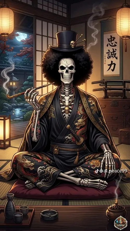 Brook ngồi xếp bằng trong phòng gỗ, bộ kimono tối và thanh kiếm bên cạnh gợi rõ hơi thở Wano Quốc.