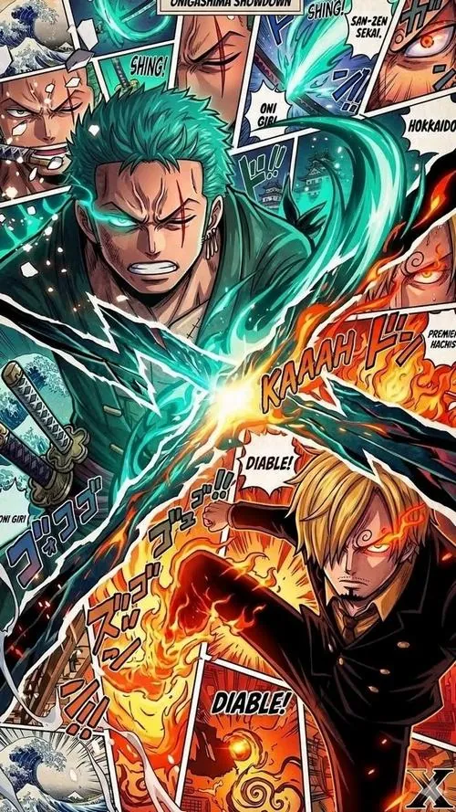 Sanji và Zoro đối đầu trong khung truyện rực lửa, hai luồng sức mạnh xanh đỏ va vào nhau tạo cảm giác căng như sắp nổ tung.