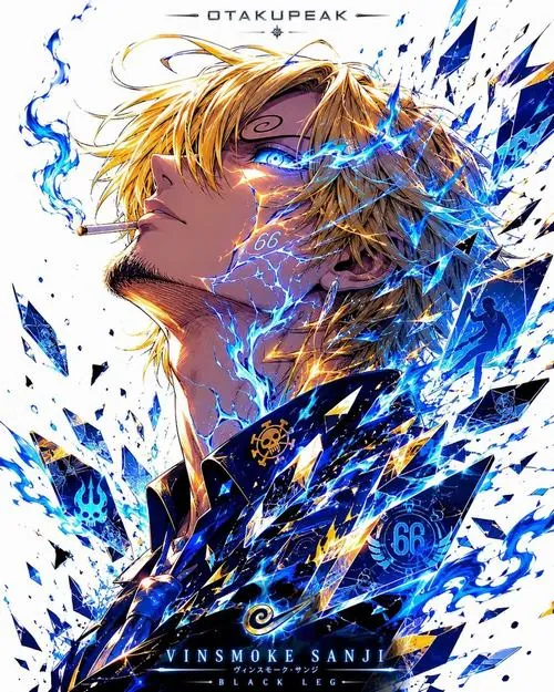 Sanji ngẩng mặt giữa luồng sáng xanh trắng, mái tóc vàng bay nhẹ làm biểu cảm kiêu hãnh nổi bật hơn hẳn.