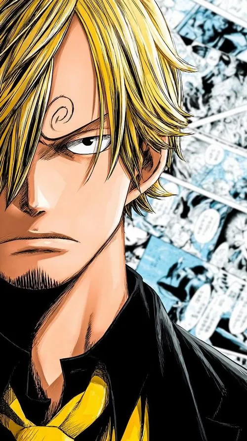 Cận cảnh nửa mặt Sanji trên nền truyện trắng đen, lông mày xoắn và ánh nhìn sắc làm nhân vật rất dễ nhận ra.