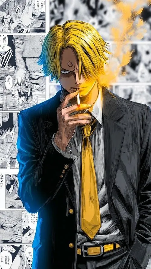 Sanji đứng thẳng trong bộ vest xanh đậm, tay đưa lên điếu thuốc, thần thái bình tĩnh giữa nền manga phía sau.