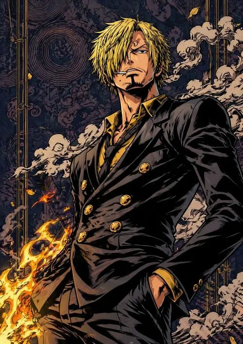 Sanji khoác áo đen giữa tông nền tối, ánh lửa cam quanh người làm dáng đứng thêm cứng và rất có lực.