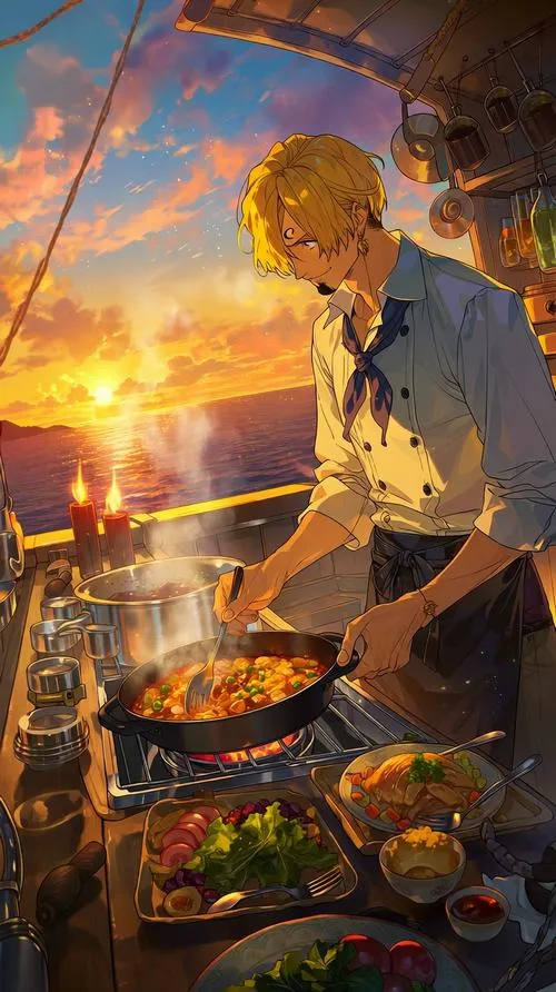 Sanji đứng quay lưng trước hoàng hôn trên biển, khói và ánh vàng xa xa làm khung cảnh dịu mà vẫn cô độc.