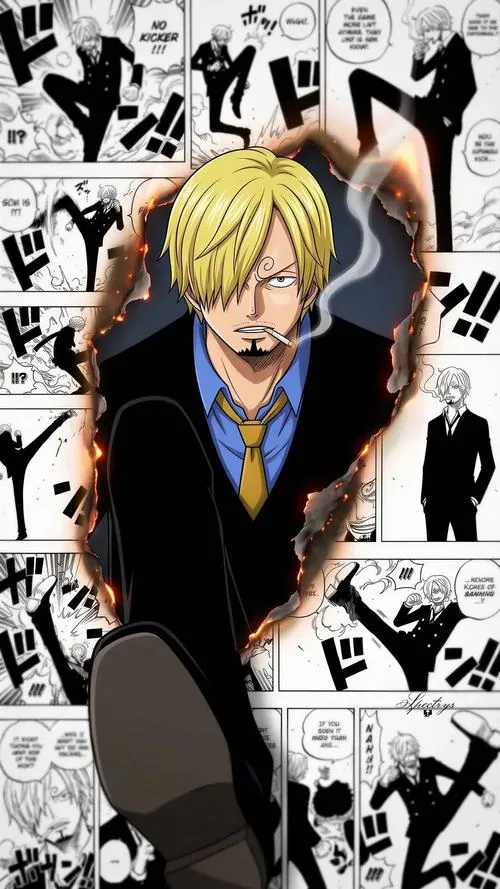 Sanji mặc vest nhìn thẳng trong nền truyện trắng đen, dáng đứng gọn gàng và mái tóc che mắt tạo vẻ lịch lãm.