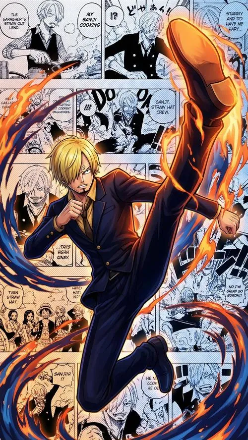 Hình ảnh anh ba đứng cạnh Zoro trên nền truyện trắng đen, mái tóc vàng rũ xuống và ánh lửa làm khung hình thêm dữ dội.