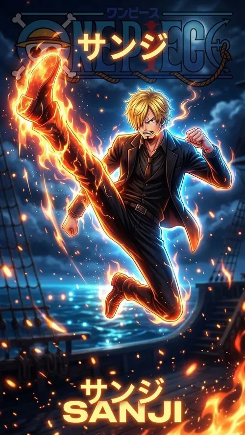 Ảnh Sanji chiến đấu giữa lửa đỏ và tia sáng xanh, tư thế lao tới khiến bộ vest đen nhìn càng mạnh mẽ.