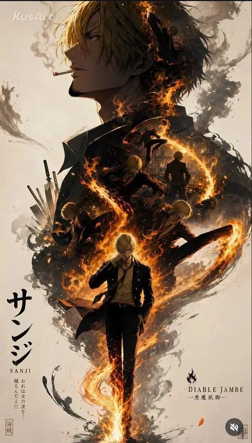 Sanji đứng giữa vòng lửa xoáy lớn, bóng người nhỏ trên nền cháy cam tạo cảm giác trận đấu đang lên cao trào.