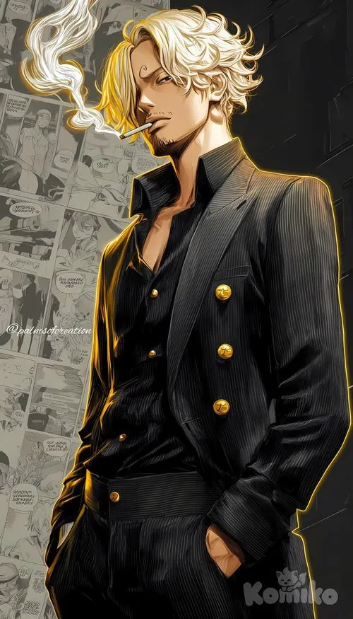 Sanji trong bộ áo đen cài khuy vàng, khung hình lấy từ vai xuống tạo điểm nhấn vào dáng vest gọn và nam tính.