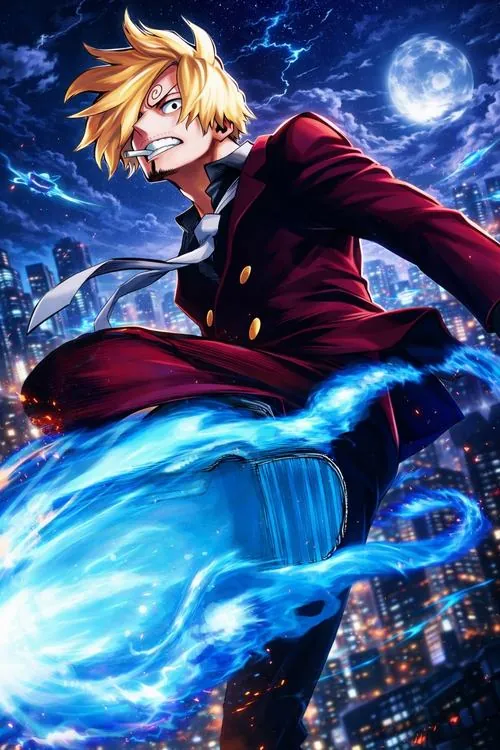 Cảnh Sanji tung đòn giữa hai luồng sáng xanh đỏ, thân người xoay mạnh khiến chuyển động nhìn rất dứt khoát.