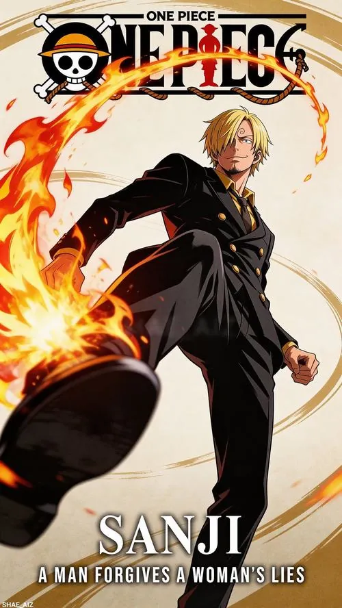 Sanji bước tới với một chân bốc lửa, nền trắng đơn giản giúp bộ vest đen và đòn hắc cước nổi bật rõ.