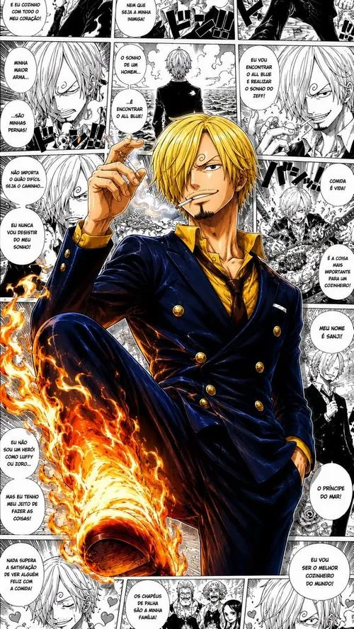 Sanji mặc vest đen đứng nghiêng giữa ngọn lửa đỏ cam, gương mặt lạnh và dáng áo mở tạo vẻ nam tính rất sắc.