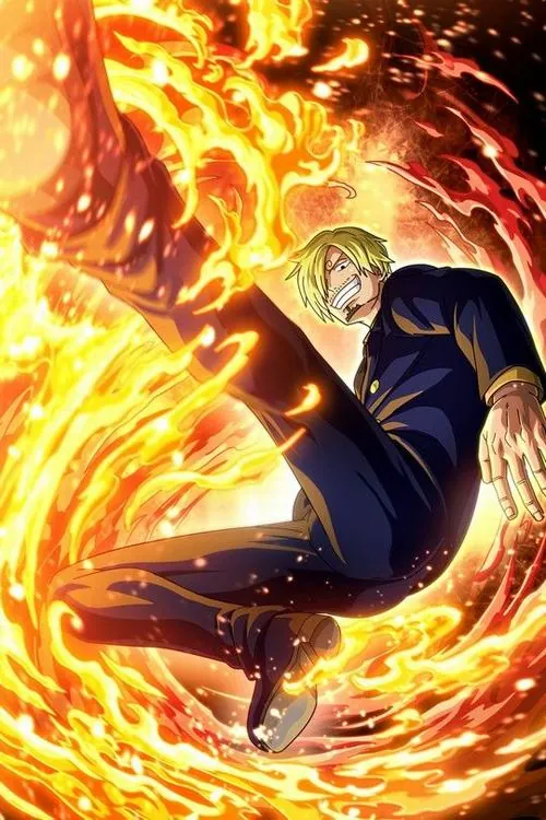 Sanji tung cú đá cao giữa quầng lửa vàng, cơ thể xoay gọn trong không trung làm khung ảnh đầy năng lượng.