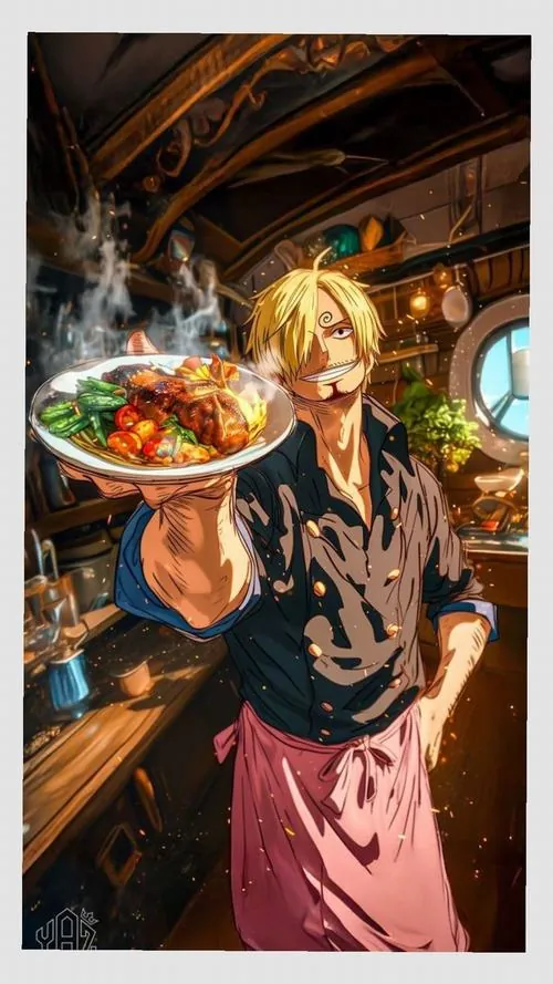 Sanji bưng đĩa thức ăn đầy màu sắc, áo sơ mi đen và nụ cười nhẹ khiến khoảnh khắc đời thường rất ấm.