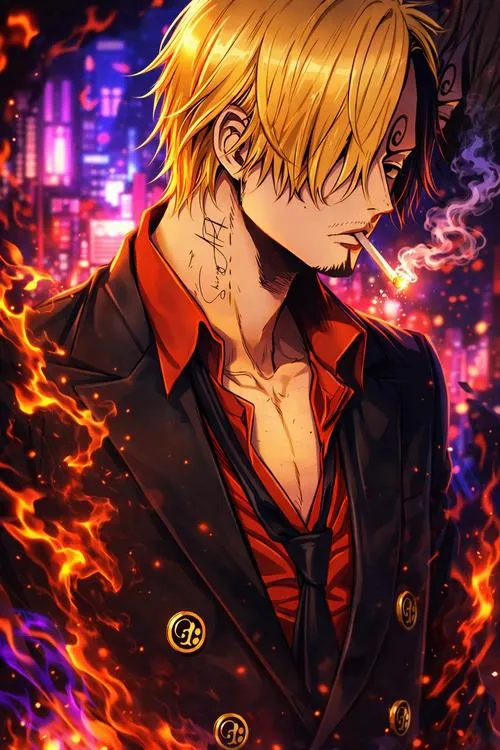 Sanji mặc áo đỏ dưới ánh tím hồng, gương mặt nghiêng và cổ áo mở tạo vẻ phóng khoáng hơn những ảnh chiến đấu.