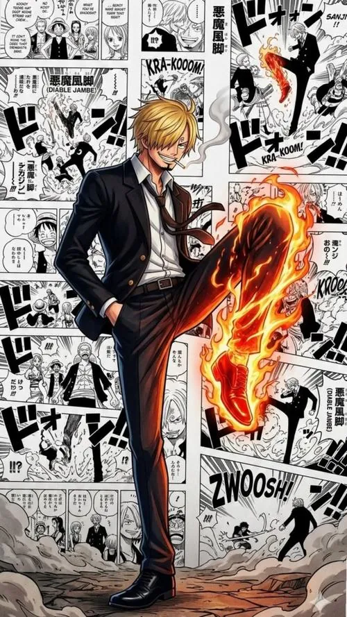 Sanji đứng giữa nền manga, một chân bốc lửa đỏ rực, bộ vest đen làm dáng người cao và đầy lực hơn.