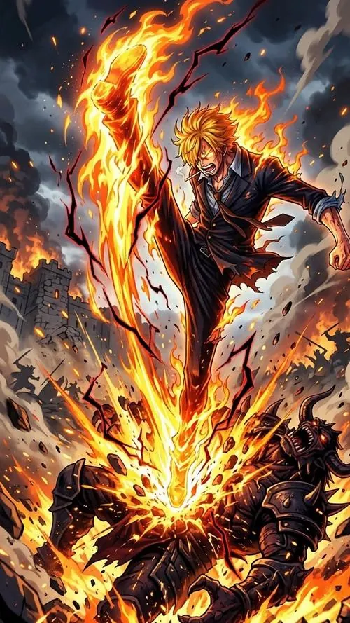 Cú đá của Sanji bùng lên giữa mảng lửa lớn, dáng người lao nhanh khiến cả ảnh mang cảm giác chiến đấu rất gắt.