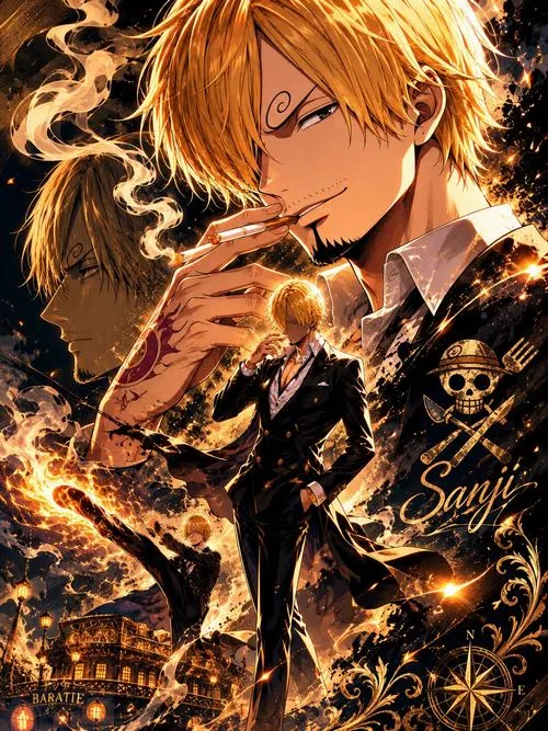 Tranh tự vẽ Sanji phủ tông nâu cháy, gương mặt nghiêng bên nền hải tặc tạo vẻ bụi bặm và phóng khoáng.