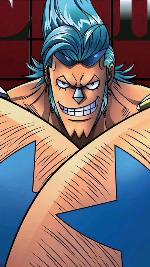 Franky mặc áo Hawaii xanh lá, tay cầm tấm gỗ lớn và cười rạng rỡ như vừa hoàn thành một phát minh mới đầy thú vị.