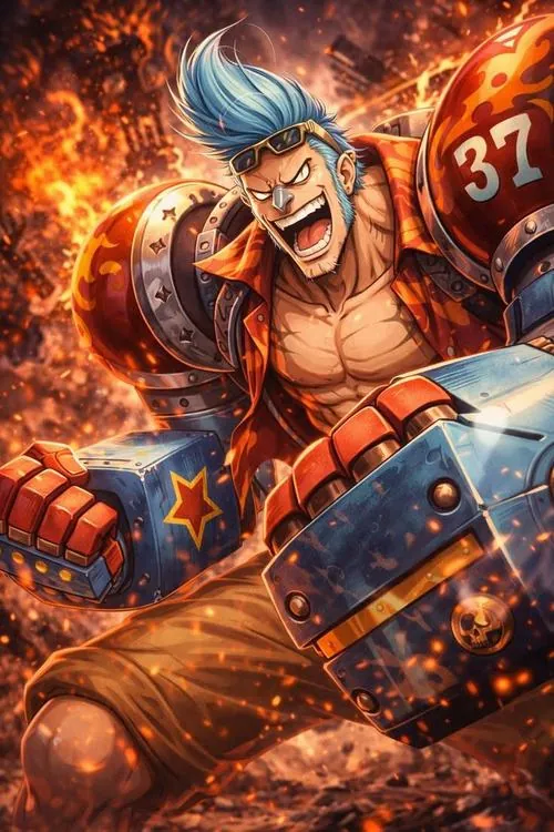 Ảnh Franky kết hợp tông đỏ đen, nắm đấm cơ khí sáng bóng và khuôn mặt nghiêm nghị tạo cảm giác sẵn sàng xông trận.