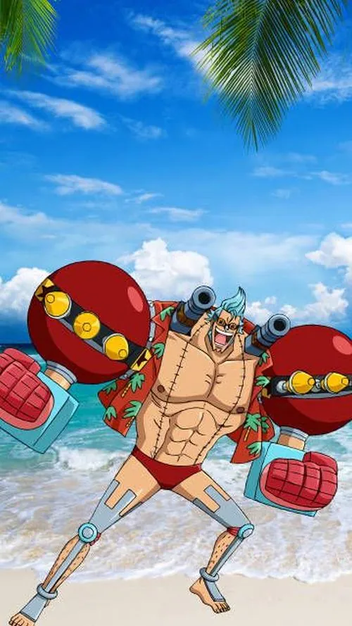Bên bàn ăn đông vui, Franky nâng chai cola chúc mừng đồng đội, miệng cười lớn còn Chopper ngồi cạnh vỗ tay đầy hào hứng.