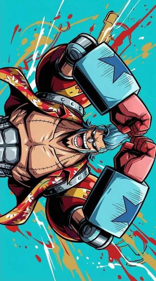 Franky đứng giữa quầng sáng tím xanh, thân hình cơ bắp hiện rõ dưới áo mở ngực và cánh tay máy lấp lánh hiệu ứng.