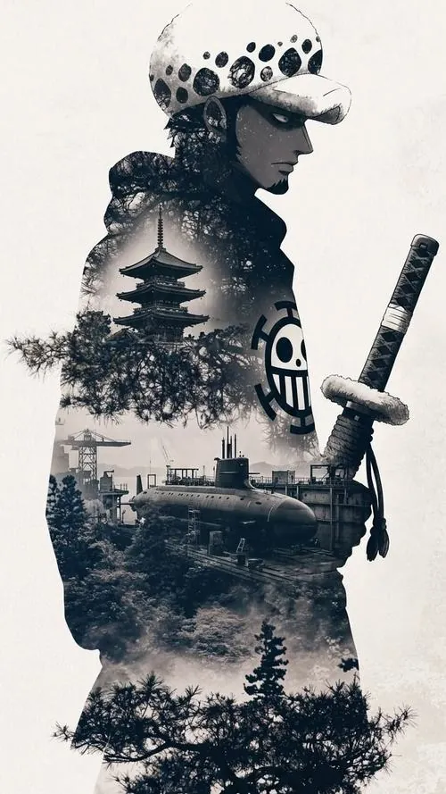 Trafalgar Law chìm trong ánh tím, gương mặt khuất bóng và hiệu ứng năng lượng quanh tay làm nhân vật trông ma mị.