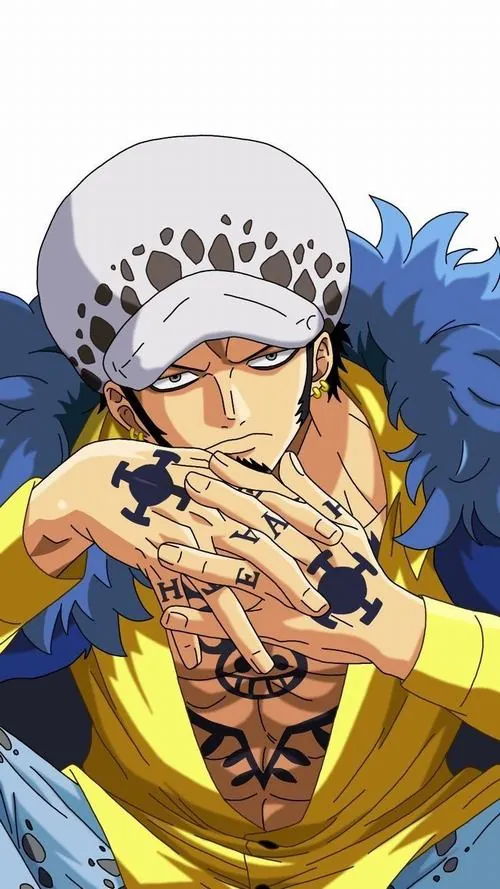 Trafalgar Law xoay người giữa dải màu rực, áo vàng và hiệu ứng chuyển động làm cảnh chiến đấu thêm sống động.