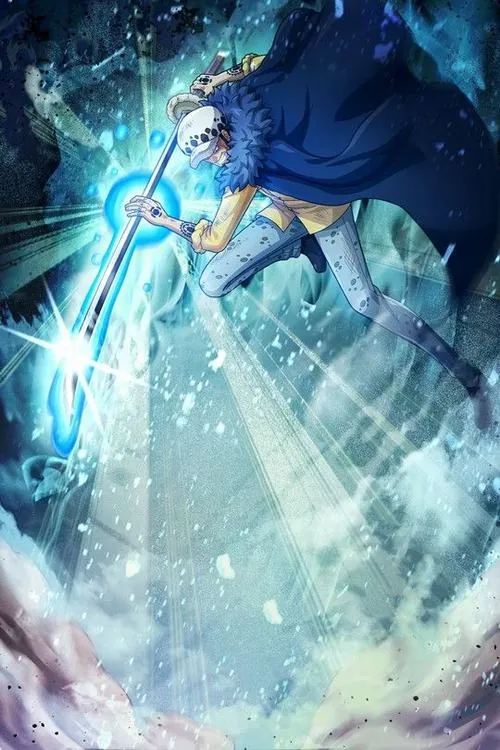 Tấm hồ sơ truy nã Trafalgar D. Water Law đặt trên bàn gỗ, dấu Cựu Thất Vũ Hải in đỏ ở góc giấy.