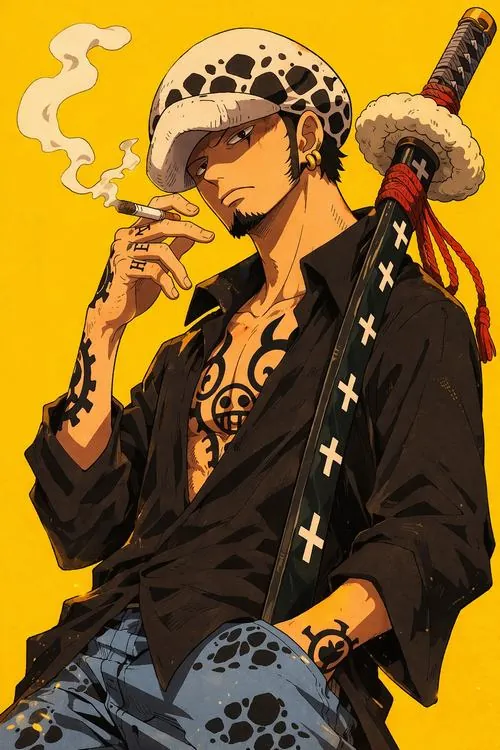 Trafalgar Law ngồi trên đá trong khung cảnh xám bụi, áo khoác mở và hình xăm ngực tạo dáng vẻ gai góc.