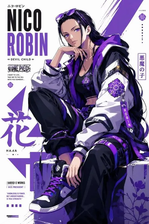Robin ngồi trong bố cục poster tím, trang phục đen nổi bật và chữ hoa lớn gợi chiêu thức Hana Hana.