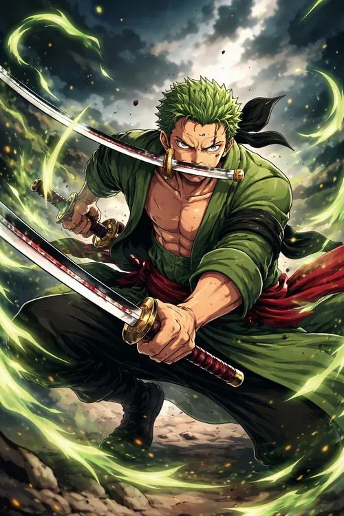 Ảnh avatar Roronoa Zoro bắt cảnh lao tới cùng nhát chém xanh, khăn rằn đen và thanh kiếm nổi bật trong chuyển động.