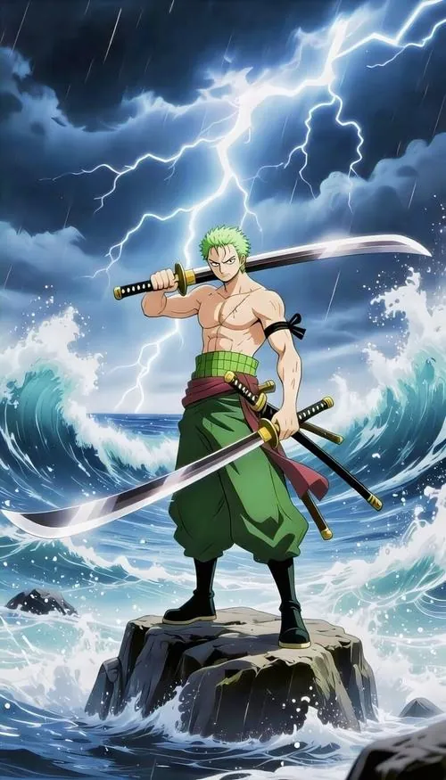 Zoro đứng trên nền mây lạnh, áo trần và ba thanh kiếm giắt eo tạo dáng võ sĩ dứt khoát ngoài trời.