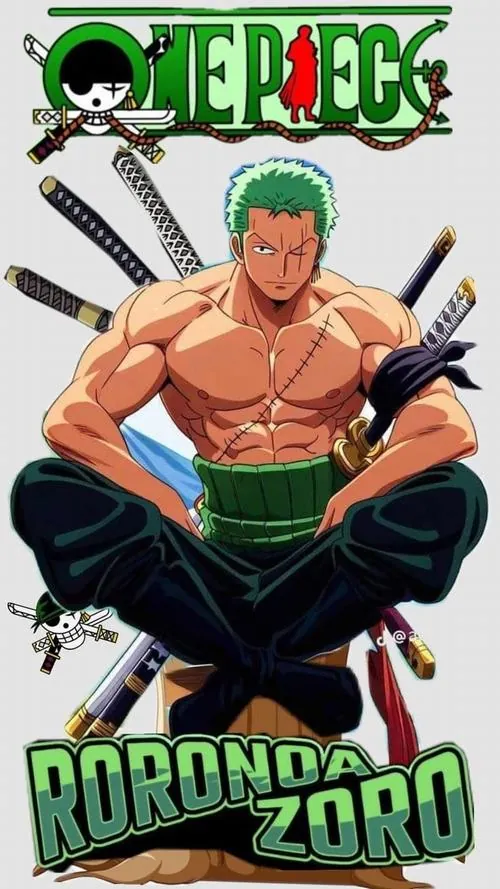 Phiên bản Zoro nét hoạt hình ngồi khoanh chân, biểu cảm cau có nhẹ, ba thanh kiếm đặt sau lưng rất dễ nhận ra.