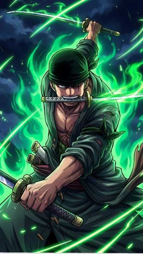 Ảnh avatar Roronoa Zoro với khăn rằn đen che đầu, tay nắm kiếm, nền xanh làm nổi bật ánh nhìn quyết liệt.