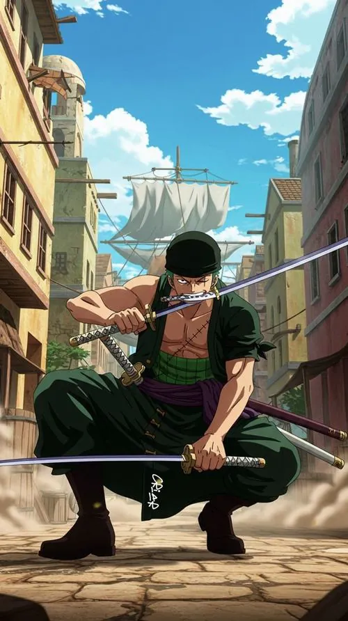 Zoro cúi người trong cảnh phố, thanh kiếm kéo ngang sau lưng, tư thế thấp cho thấy anh đang chuẩn bị phản đòn.
