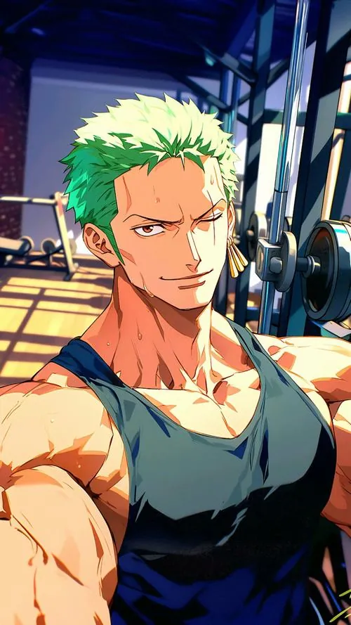 Zoro cười nhẹ dưới nền sáng, mái tóc xanh và bờ vai trần tạo cảm giác tự tin, gần gũi hơn thường lệ.