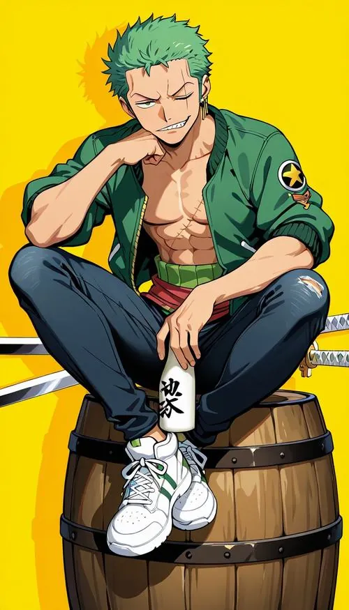 Ảnh avatar Roronoa Zoro ngồi thư thả trên nền vàng, áo xanh mở ngực và tay chống đầu đầy vẻ bất cần.