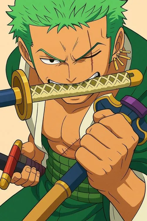 Zoro ngậm kiếm sát mặt, mắt nheo lại đầy tập trung, chuôi kiếm vàng và áo xanh giúp khung ảnh rất nhận diện.