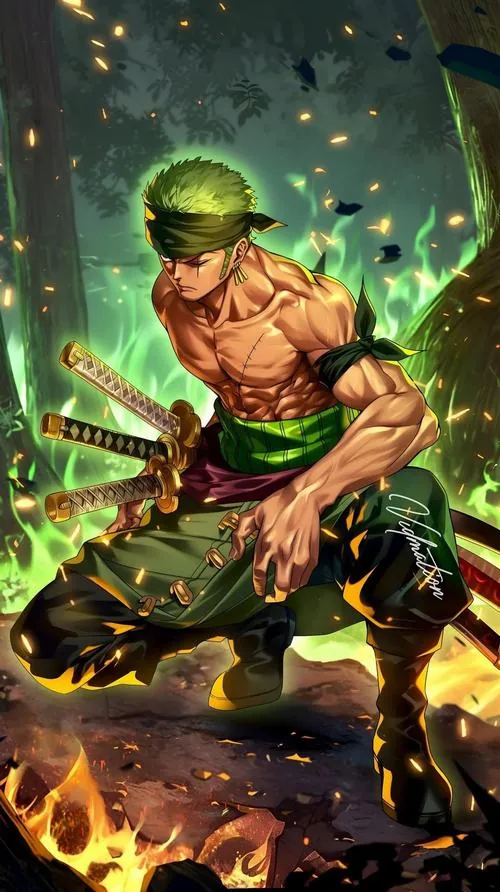 Zoro đứng trong nền vàng xanh, thân trần khoác áo mở, ba chuôi kiếm bên hông gợi đúng phong cách ba kiếm.