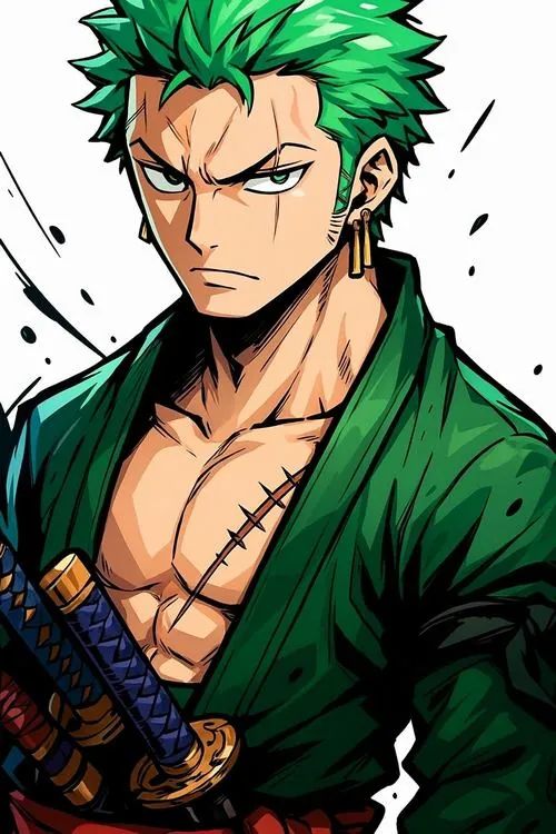 Vé sự kiện anime trang trí biểu tượng băng Mũ Rơm và bóng kiếm sĩ tóc xanh, bố cục gọn như thẻ lưu niệm.
