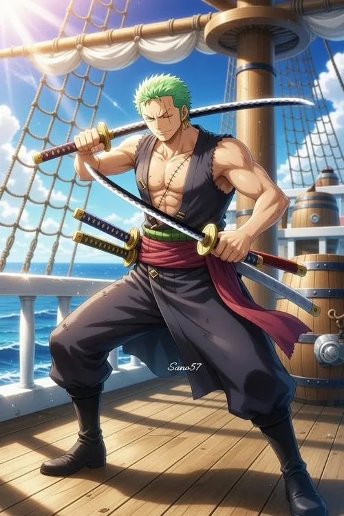 Poster phòng game phối chữ Shonen Jump cùng dáng Zoro thu nhỏ, nền chấm mực đen tạo cảm giác truyện tranh cổ điển.